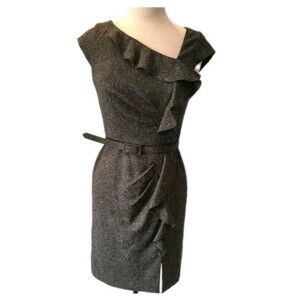 White House Black Market Gray Black Marled Sheeth Dress  W/‎ Belt) Size 2 EUC